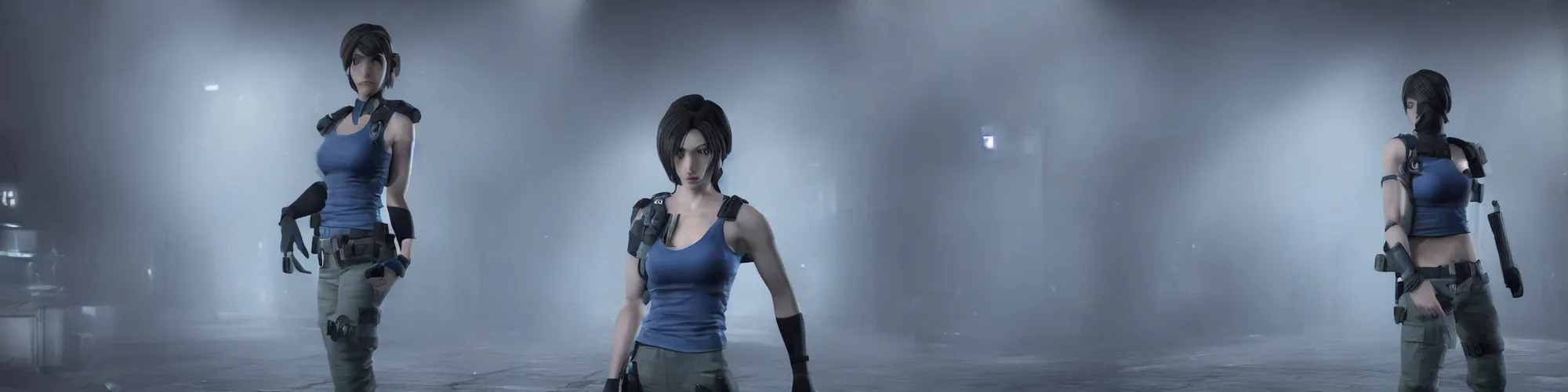 Prompt: 3D rendering of Jill Valentine::10 :: night::4 city::4 photorealistic octane fog wide angle lens cinematic lighting dark gray