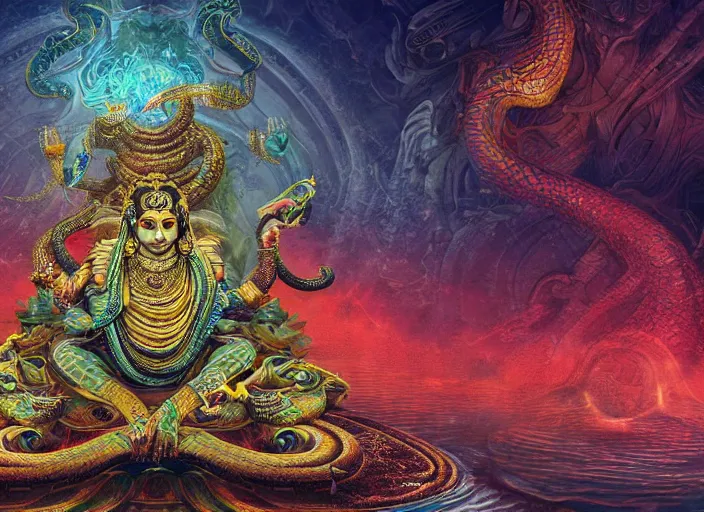 Prompt: vishnu sitting under a giant many - headed cobra, floating across the cosmic ocean, digital art, octane render, highly detailed, intricate, by android jones