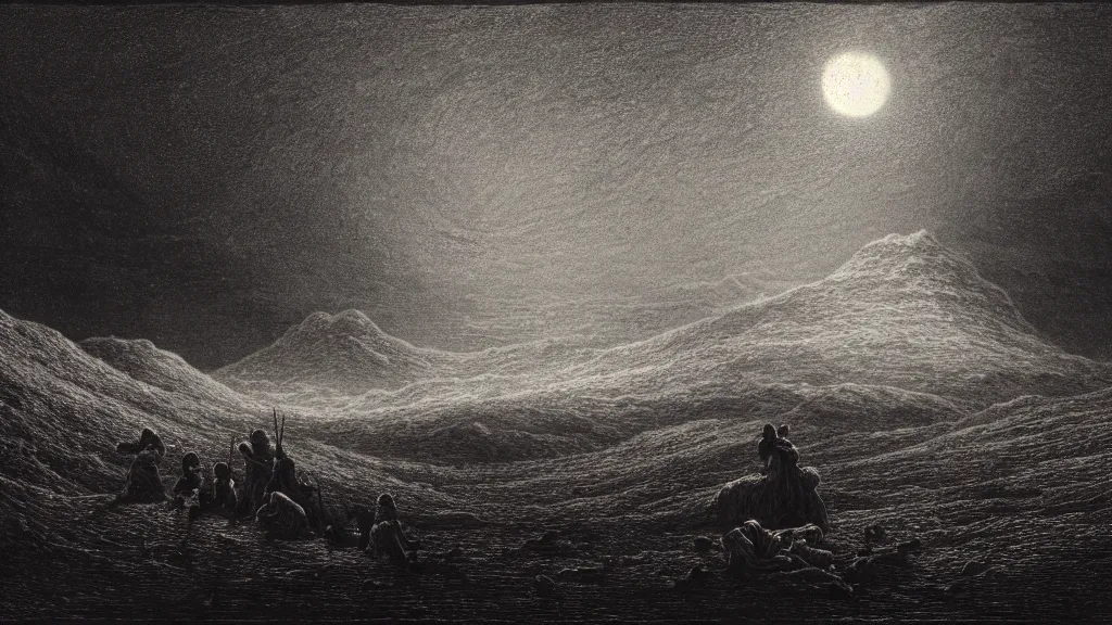 Prompt: deep rich colors, the survivors lay quietly in that cratered void and watched the whitehot stars go rifling down the dark, blood meridian, under a pale dead moon, pale sands, etching by gustave dore, matte painting, 8 k resolution artwork, folk horror, dramatic eerie lighting, trending on artstation, painting, elaborate excellent painted illustration, smooth, autochrome