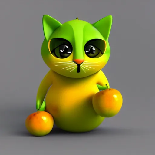 Prompt: multicolor 3 d render of funny cat as mango fruit on green background by blender guru ultra realtic materials textures cycle render in 4 k ultra high resolution, with funny feeling