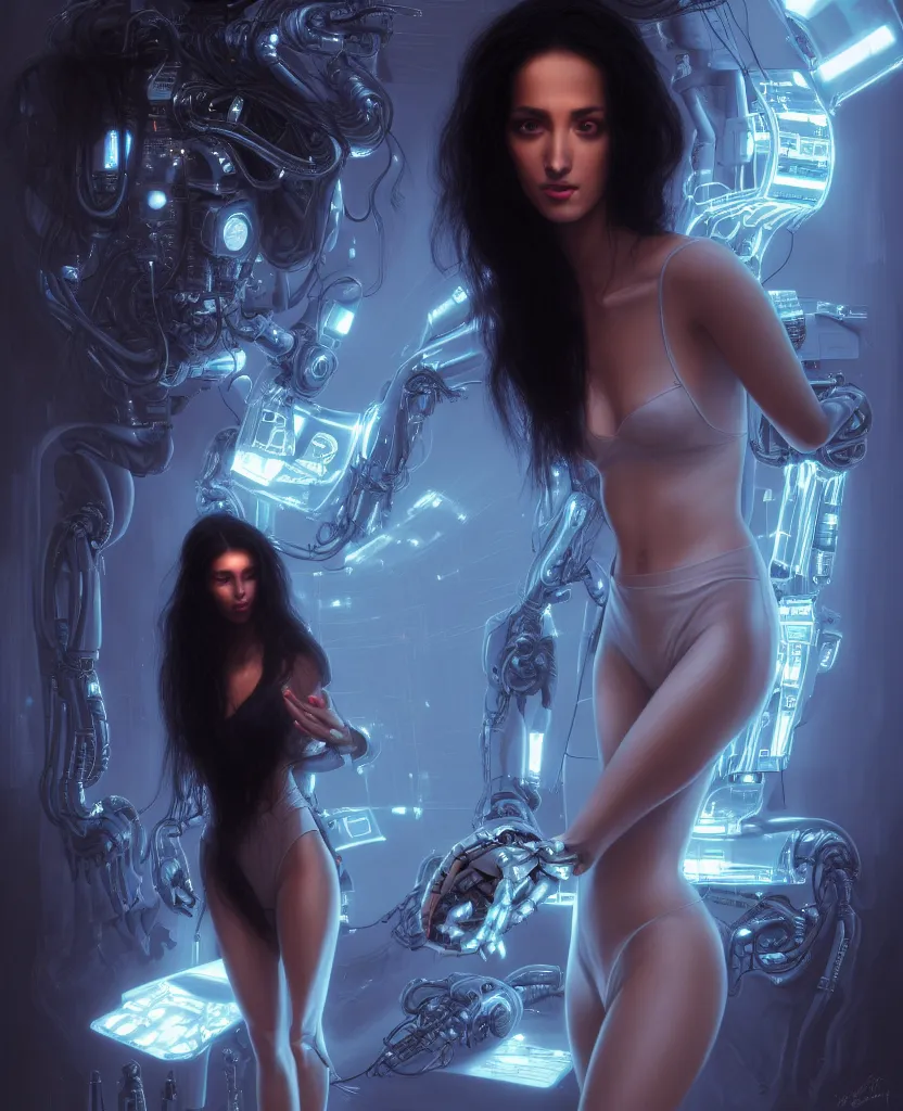 Image similar to beauty young spanish woman with long black hair robotic hands, interacting with a holographic interface of alien artifacts, electrical case display, Terminator tech, ultrarealistic, dramatic lighting, electrical details, high details, 4k, 8k, best, accurate, trending on artstation, artstation, photorealism, ultrarealistic, digital painting, style of Peter Mohrbacher, Caravaggio, Hajime Sorayama and Boris Vallejo