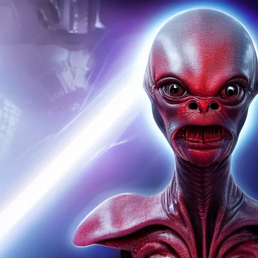 Prompt: star wars alien with 3 eyes and no mouth, and tube ears, red, blue and purple lighting, high - resolution hyperdetailed studio photo