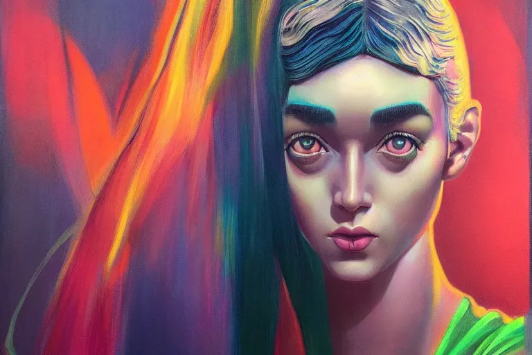 Image similar to patron saint of 🛸🌈👩🏾, futuristic clothing, neon god of city character portrait, in the style of margaret keane, moebius, tom bagshaw, and waterhouse, cinematic lighting, beautiful, elegant, oil painting,