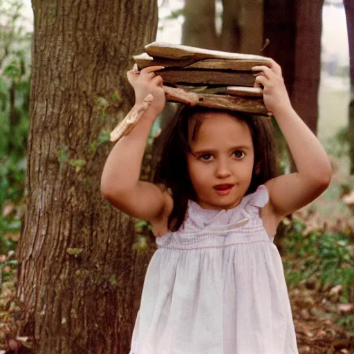 Prompt: a young girl with short brown hair wearing a white dress and holding a bundle of firewood, high resolution film still