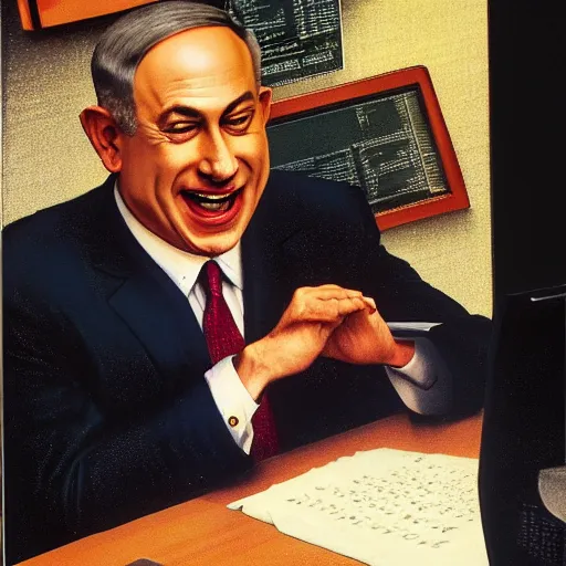 Prompt: benjamin netanyahu laughing at computer screen, in office, alone, black background, by norman rockwell