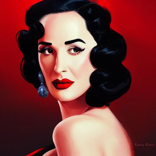 Image similar to closeup portrait of dita von teese, dramatic lighting, city background, sunset, chiaroscuro, complementary contrast high detail, painted by greg rutkowski, painted by igor kieryluk, painted by bobby chiu, trending on artstation