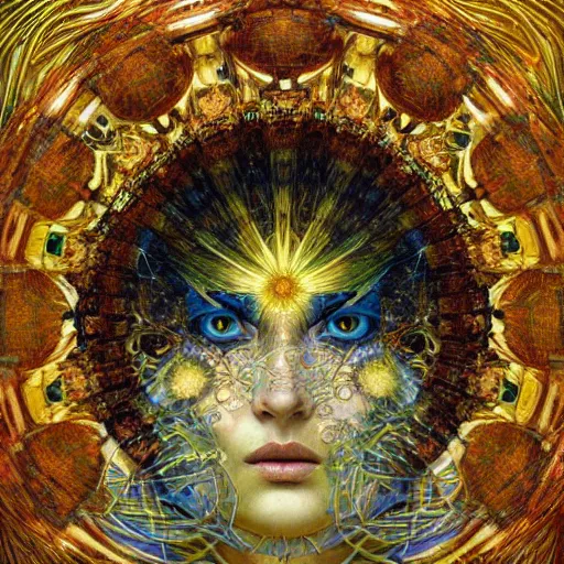 Image similar to a beautiful visionary portrait of Divine Chaos Engine by Karol Bak, Jean Deville, Gustav Klimt, and Vincent Van Gogh, sacred geometry, mystic, spiritual, fractal structures, ornate gilded medieval icon, third eye, spirals