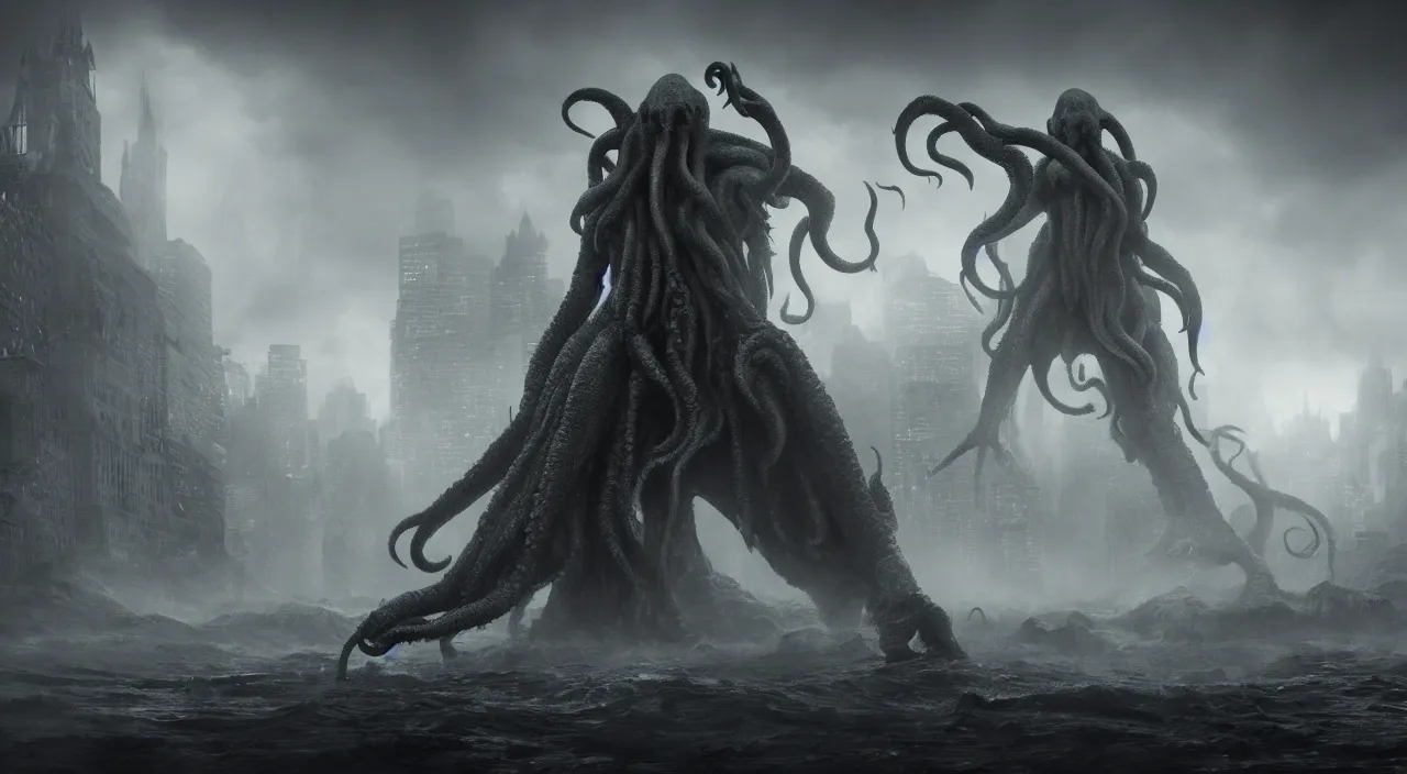 Image similar to cthulhu emerging from a thick fog in the center of a metropolitan city, large scale, breathtaking, mixed media, digital art, trending on artstation, 8k, epic composition, highly detailed, AAA graphics