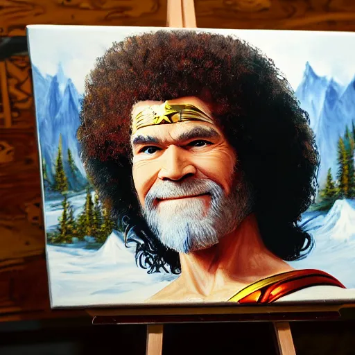 Image similar to a closeup photorealistic photograph of bob ross working on a canvas painting of wonder woman. film still. brightly lit scene. mountains and trees. this 4 k hd image is trending on artstation, featured on behance, well - rendered, extra crisp, features intricate detail, epic composition and the style of unreal engine.