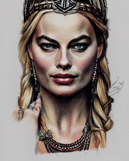 Image similar to realism tattoo sketch of margot robbie as a beautiful greek goddess aphrodite with piercing eyes wearing a laurel wreath and triangle earrings, in the style of greg rutkowski, amazing detail