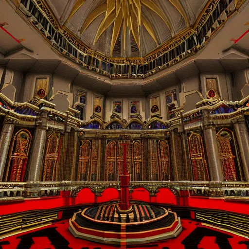 Prompt: hyper detailed interior of a domed cathedral with deep red black and gold accents, elaborate altar in the center with balconies along the side, built in minecraft, voxels