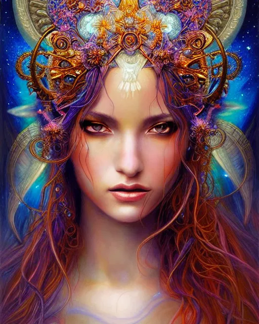 Image similar to portrait of a beautiful celestial goddess, unusual beauty, esoteric, other worldly colors, head in focus, fantasy art, celestial aesthetics intricate, elegant, highly detailed, hyperrealistic painting, artstation, concept art, painterly, sharp focus, illustration, art by lois royo