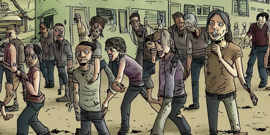 Image similar to frame from the walking dead, cartoonish style