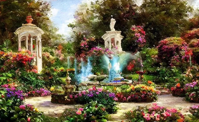 Prompt: Beautiful garden, next to a fountain and a mystical palace. By Konstantin Razumov, horror scene, highly detailded