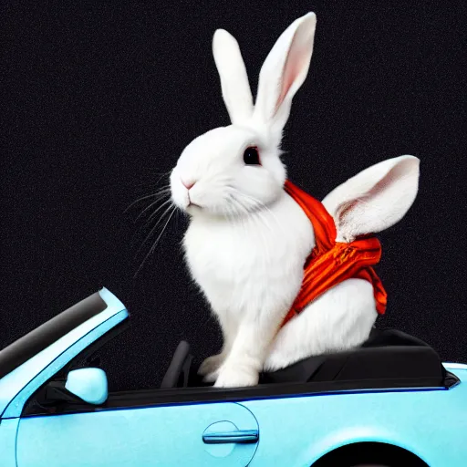 Image similar to bunny riding a convertible, studio photo, high quality