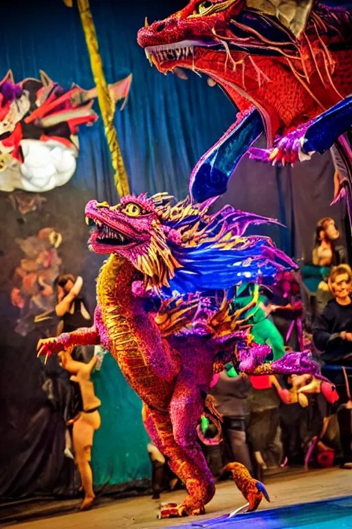 Prompt: A photo of a fierce dragon dancing in a circus, full color, people laughing, children screaming