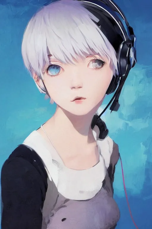 Image similar to a cute young woman listening to music with her eyes closed and wearing headphones by Ilya Kuvshinov, white bob cut hair, freckles, dark thunderclouds in the backround, blue filter, blue and white, vivid colors, soft lighting, cinematic, moody, nier automata, poster, oil on canvas, by Krenz Cushart, by Range Murata, 8k