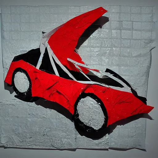 Prompt: Ferrari made of tissue paper, tissue paper art, maya freelon