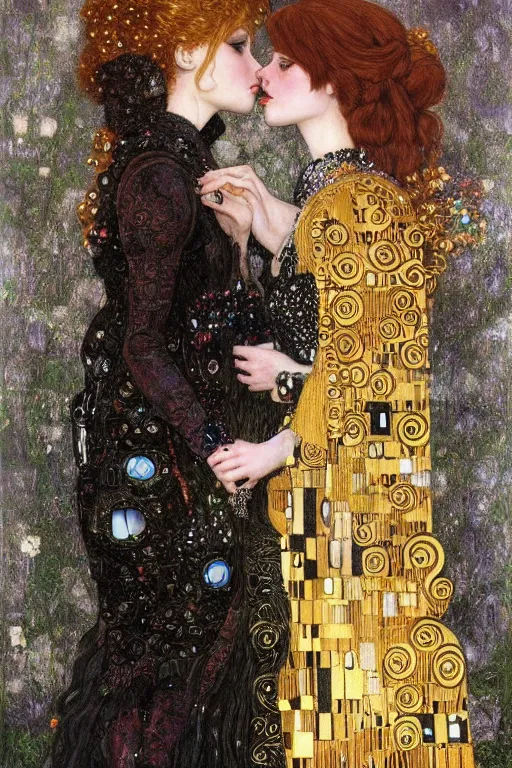 Image similar to portrait of two beautiful young gothic maidens kiss, dark fantasy, Warhammer, highly detailed, artstation, illustration, art by Gustav Klimt