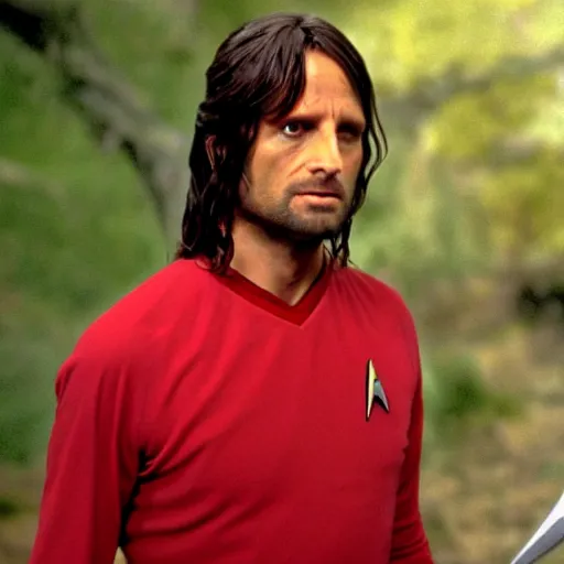 Image similar to A still of Aragorn as Scotty on Star Trek: The Original Series, red shirt, sharp focus, high quality, 4k