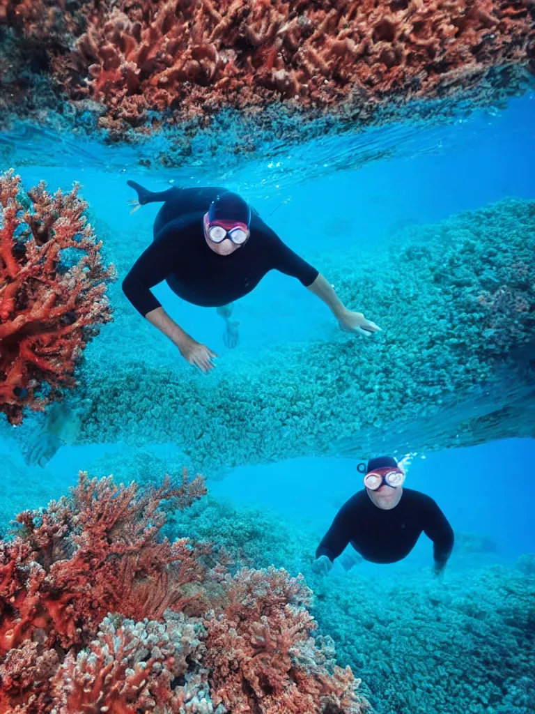 Prompt: a middle aged man swimming under the sea coral reef