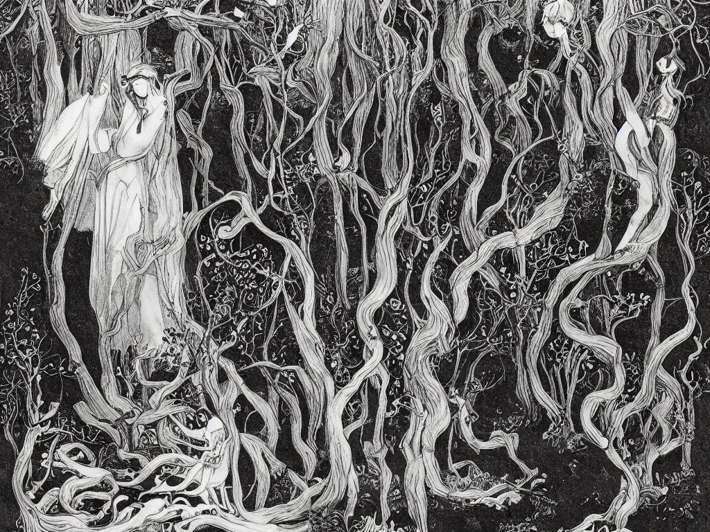 Image similar to illustration forest, artstation, by aubrey beardsley, by caspar david friedrich, by laurie lipton, by kay nielsen, by ivan shishkin, calligraphy, divine, paradox, mycelium, as symbol of soul - journey!, terrifying wilderness, witchcraft!, hope