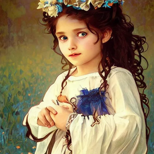 Prompt: a little girl with short wavy curly hair and blue eyes in the most amazing children's halloween costume. painting by artgerm and greg rutkowski and alphonse mucha.