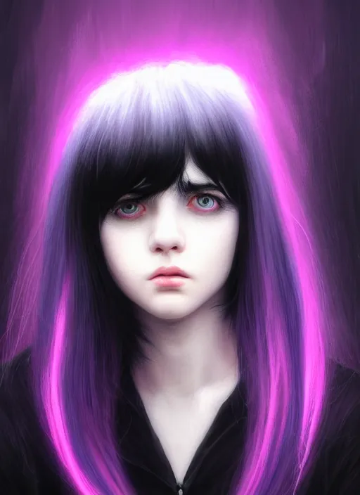 Image similar to hair blackbangs hair, white hair, blackbangswhitehair, portrait of teenage girl with black bangs, red irises, purple clothes, black bangs, bangs are white hair is black, intricate, elegant, glowing lights, highly detailed, digital painting, artstation, concept art, sharp focus, illustration, art by wlop, mars ravelo and greg rutkowski