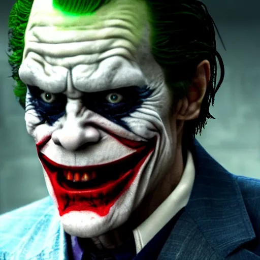 Prompt: film still of Willem Dafoe as The Joker