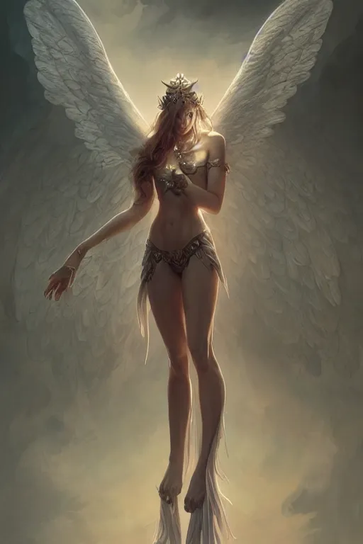 Image similar to full body portrait of a girl angel, wings, d & d, fantasy, intricate, elegant, highly detailed, digital painting, artstation, concept art, smooth, sharp focus, illustration, art by artgerm and greg rutkowski and peter mohrbacher