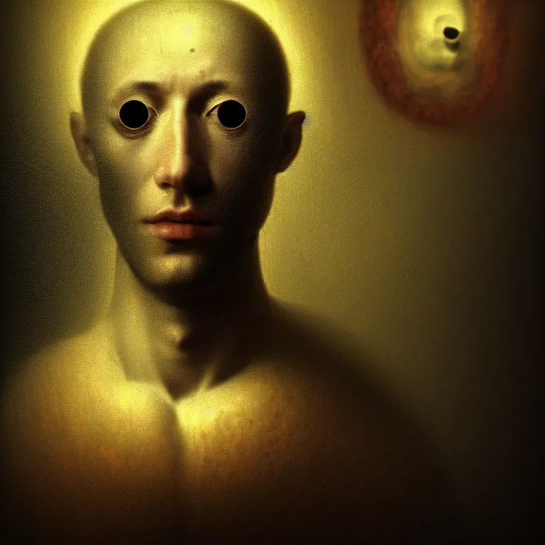 Image similar to beautiful portrait of beautiful man covered with hundred eyes inside holes, embryos, by hieronymus bosch, lucid dream - like heavy atmosphere, baroque painting, perfect composition, detailed octane render trending on artstation, 8 k artistic photography, volumetric cinematic perfect light, chiaroscuro, masterpiece, raphael, caravaggio, beksinski, rutkowski