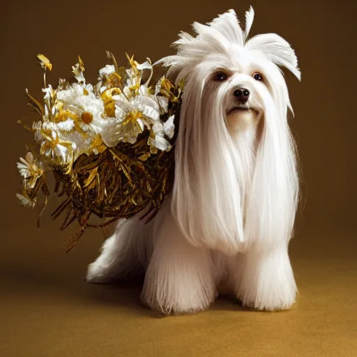 Image similar to cream - colored havanese dog wearing an ornate african necklace, a large headpiece made from flowers, soft light colored background, intriguing pose, magazine fashion photo by mark seliger