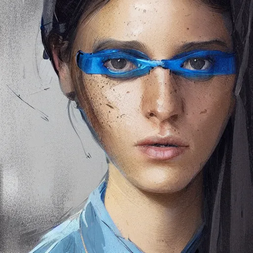 Image similar to Portrait of a woman by Greg Rutkowski, she is about 30 years old, middle eastern features, freckles, black straight hair, attractive, annoying sister vibes, she is wearing blue utilitarian jumpsuit, highly detailed portrait, digital painting, artstation, concept art, smooth, sharp foccus ilustration, Artstation HQ.