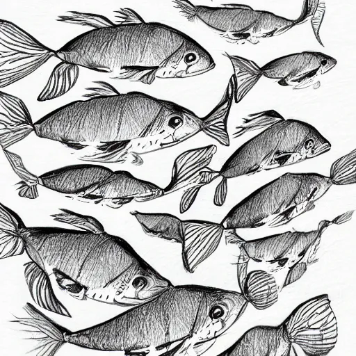 Prompt: pencil sketch of beautiful coy fishes, digital art, traditional, paper, pencil sketch, book cover