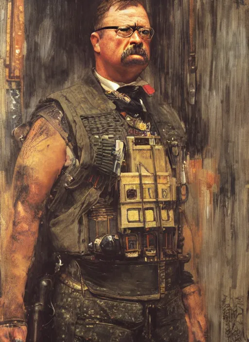 Prompt: Teddy Roosevelt. cyberpunk Samurai wearing a military vest and military jumpsuit (cyberpunk 2077). Iranian orientalist portrait by john william waterhouse and Edwin Longsden Long and Theodore Ralli and Nasreddine Dinet, oil on canvas. Cinematic, hyper realism, realistic proportions, dramatic lighting, high detail 4k