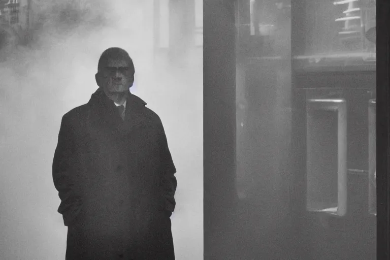 Image similar to an ultra realistic colour cinematic headshot portrait of an evil scientist, stood outside a corner shop, foggy, colour, detailed, deep focus, movie still, dramatic lighting, by fay godwin