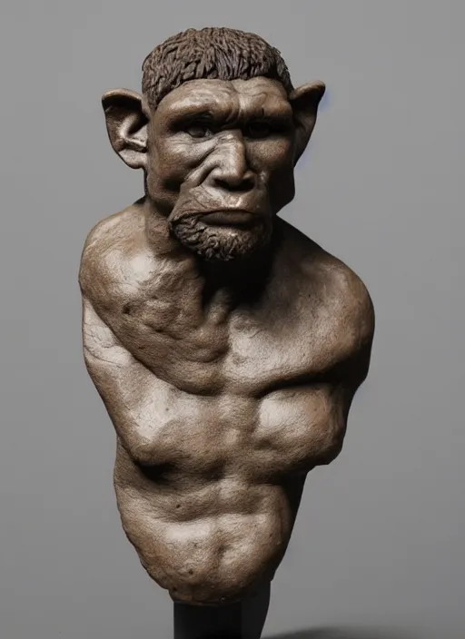 Image similar to a bust sculpture of a neandertal with feline features, ceramic base, front view, studio lighting, expresive