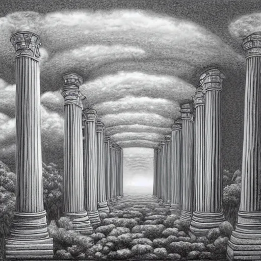 Image similar to childrens fantasy book illustration of a giant hallway and columns which turn into nature and the clouds and sky. highly detailed drawing. surrealism