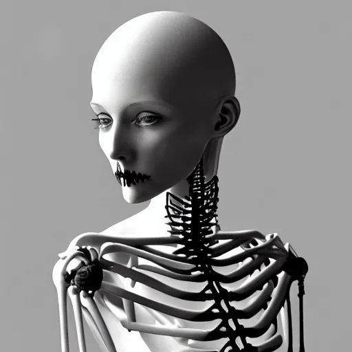 Image similar to black and white dreamy foggy portrait, skeletal biomechanical beautiful young female cyborg priestess - robot bust, body ribs meshes,, volumetric light, rim light, by dora maar and cecile beaton, big gothic fashion pearl embroidered collar, 8 k