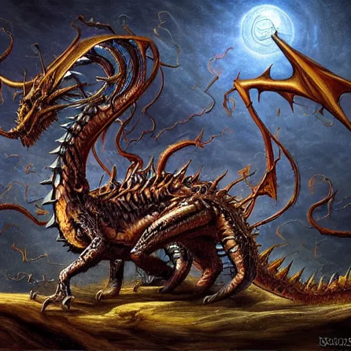 Image similar to a dark entropy dragon, detailed, fantasy, scary, realistic, frightening, ornate, horns, spikes, incredible, masterpiece, amazing, wow!, sense of awe, award winning, greg rutowski, bosch, dali