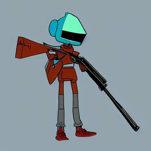 Image similar to canti from flcl anime holding a valorant style sniper rifle. character design. digital art. masterpiece.