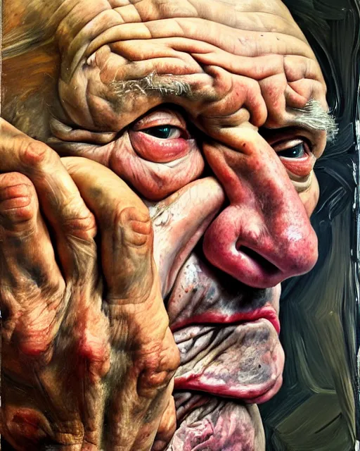 Image similar to an extreme close up portrait a very ordinary old man with an angry expression, side angle, by Lucian Freud and Jenny Saville, oil painting, anatomically correct, beautiful perfect face, visible brushstrokes, sharp focus, Highly Detailed, Cinematic Lighting, 8k, HD