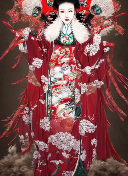 Image similar to full body portrait of a female kitsune peking opera actress with nine fluffy tails by wlop, wuxia, xianxia, kitsune, fox tails, nine - tailed fox, peking opera, lithe, absurdly beautiful, detailed, realistic, anatomically accurate, fantasy illustration, artstation, wlop, 4 k.