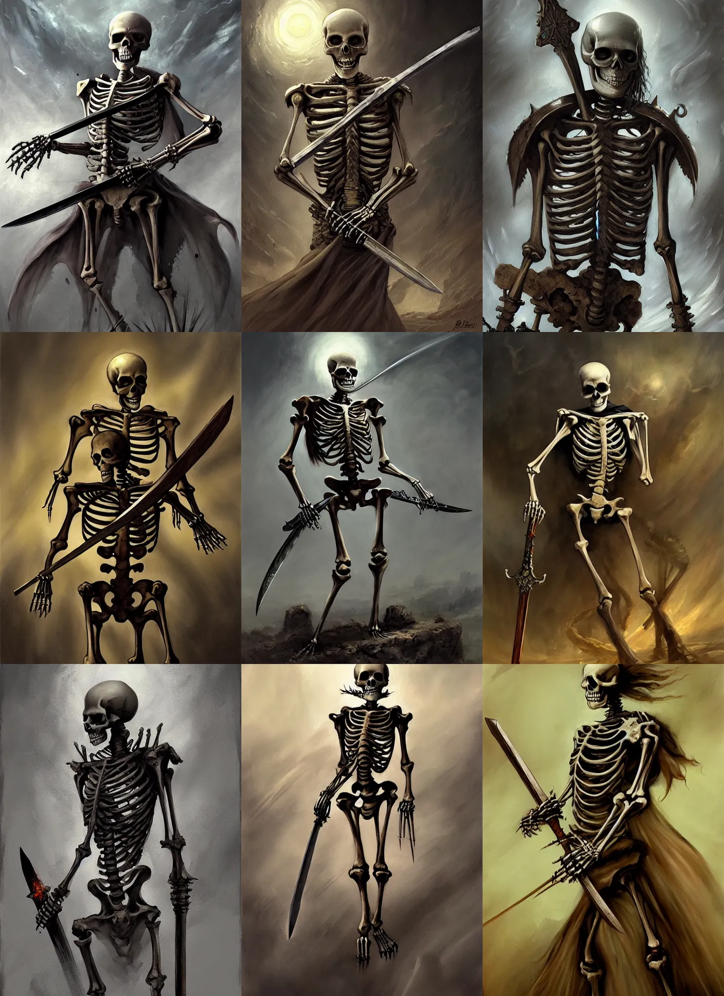 Prompt: a painting of a skeleton holding a sword, concept art by brian despain, les edwards and aleksi briclot, featured on cgsociety, vanitas, apocalypse art, concept art, apocalypse landscape