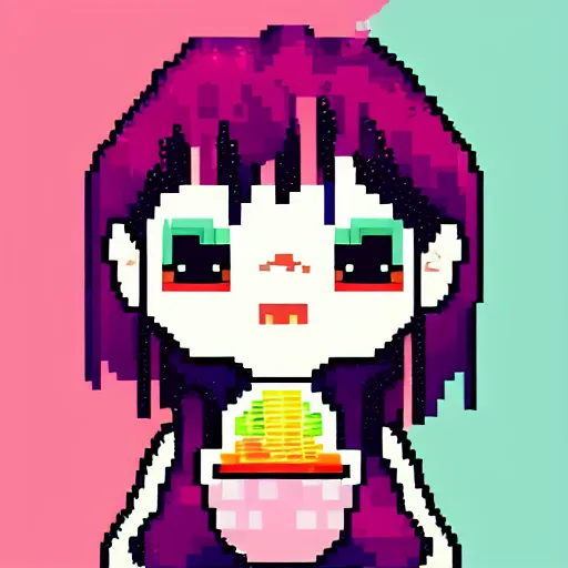 Prompt: portrait colorful anime girl with big eyes and pink hair eating ice cream pixel art