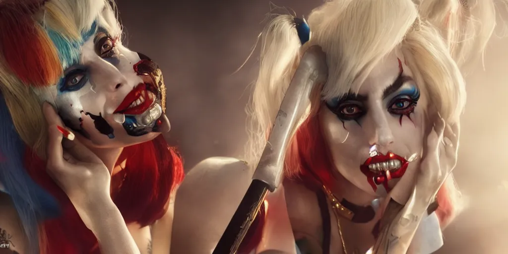 Prompt: lady gaga in harley quinn, volumetric lighting, beautiful, golden hour, sharp focus, ultra detailed, cgsociety