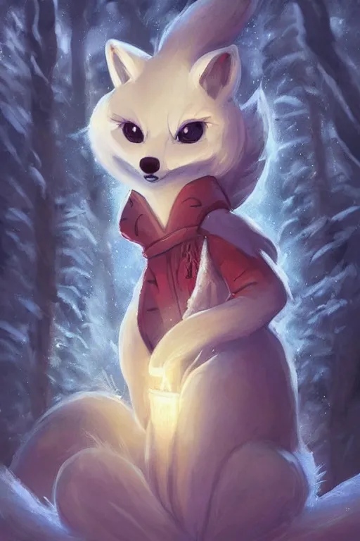 Image similar to a pretty medieval anthropomorphic snow fox with a fluffy tail in the forest, comic art, trending on furaffinity, cartoon, kawaii, backlighting, furry art!!!, radiant light, bokeh, trending on artstation, digital art