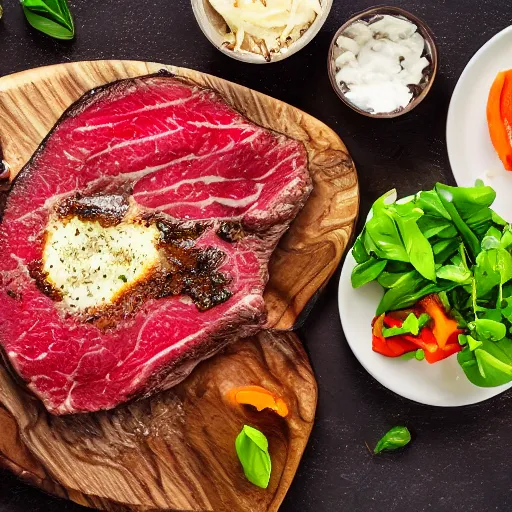 Prompt: advertising photography of a delicious large seasoned steak, topped with melted mozzarella cheese, and a side of seasoned vegetable medley, all served on a wooden table, spot, lighting, dark background