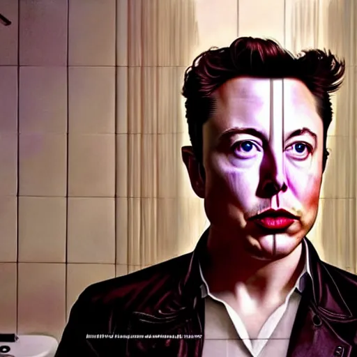 Image similar to hyperrealism aesthetic ridley scott and denis villeneuve style photography of a detailed hyperrealism elon musk, siting on a detailed hyperrealism toilet and scrolling his detailed smartphone in hyperrealism scene from detailed art house movie in style of alejandro jodorowsky and wes anderson volumetric ambient light