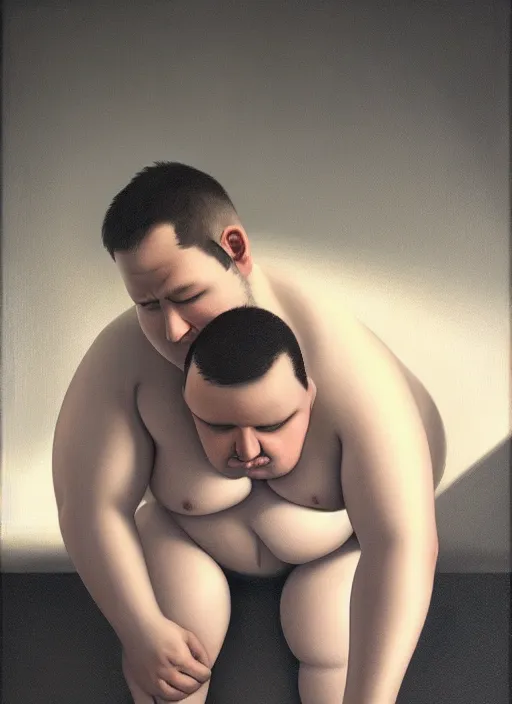 Image similar to insanely detailed chiaroscuro image of a sleepy - looking overweight programmer guy on his knees facing his glowing ultrawide monitor begging it for forgiveness, oil on canvas, masterwork, fine detail, trending on artstation, emotive, insanely compelling, ryden, koons, moebius